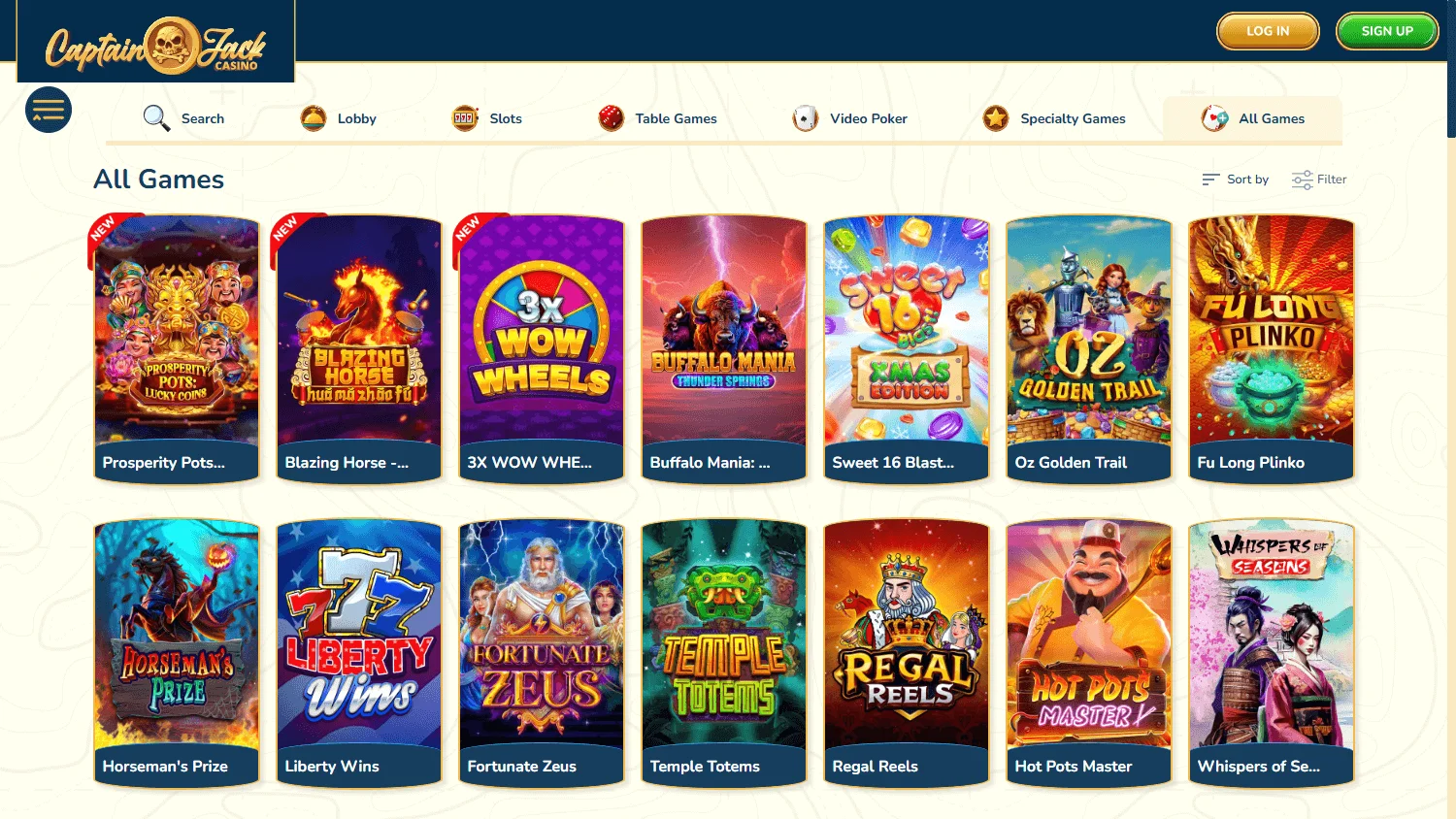 Captain Jack Casino desktop game selection