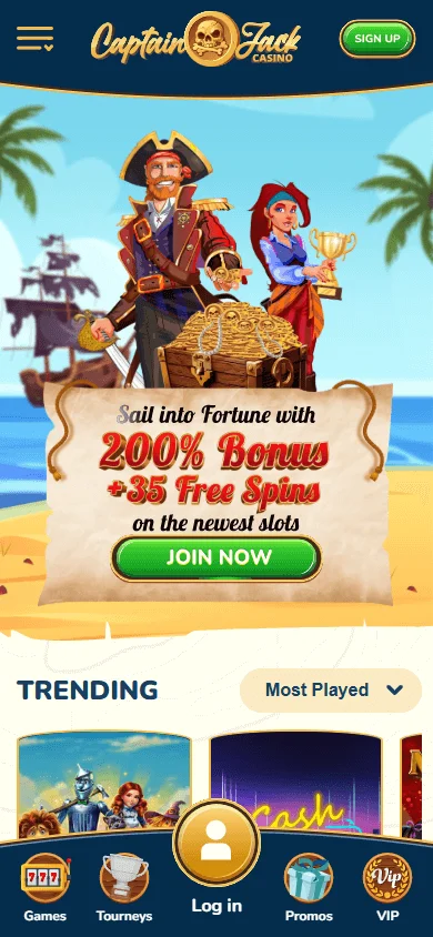 Captain Jack Casino mobile browser home interface