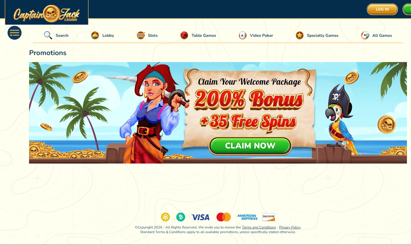 Captain Jack Casino desktop promotions interface